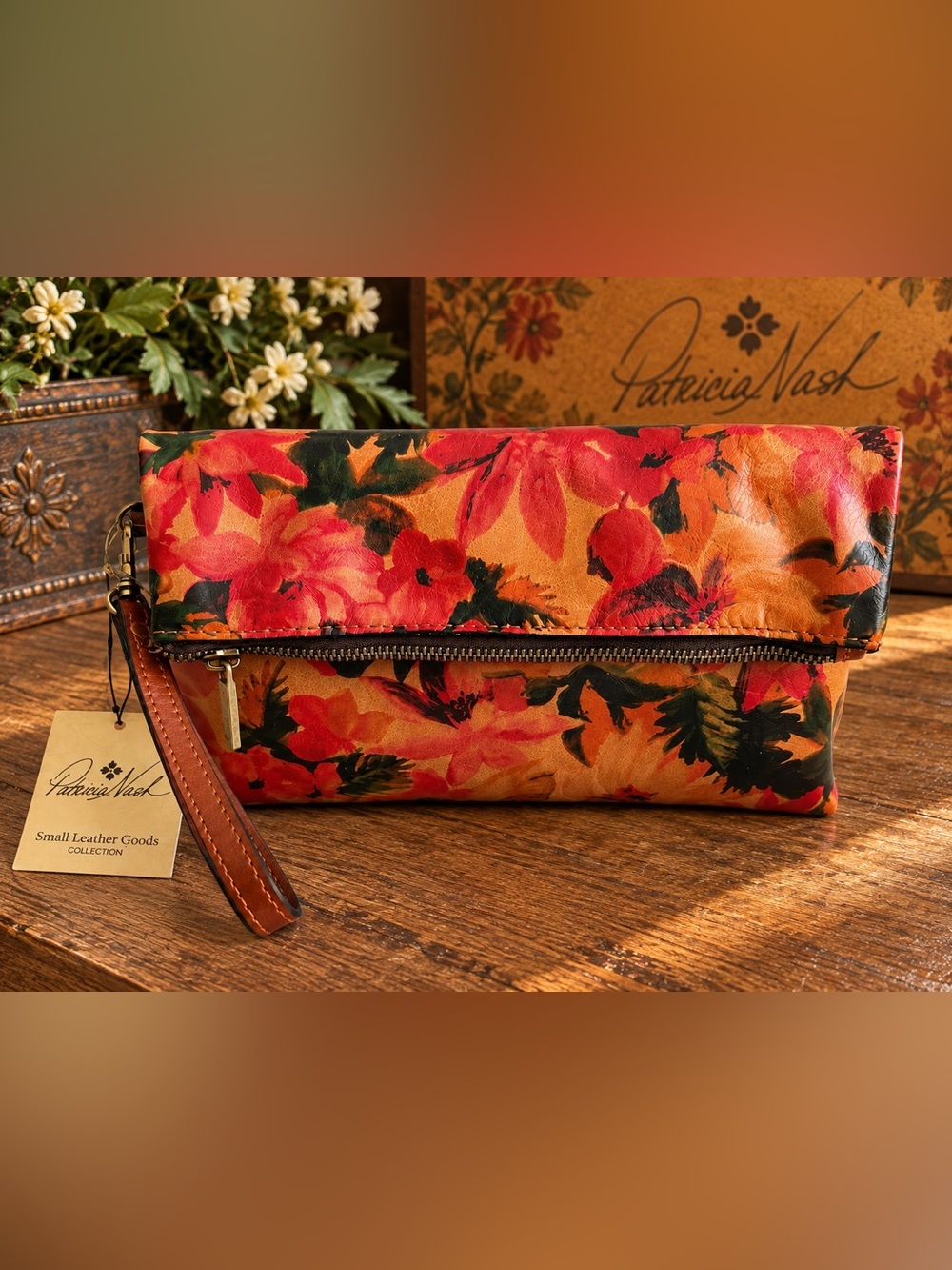 Patricia Nash Valerie Spring Multi Floral Leather Fold-Over Wristlet Clutch NWT
